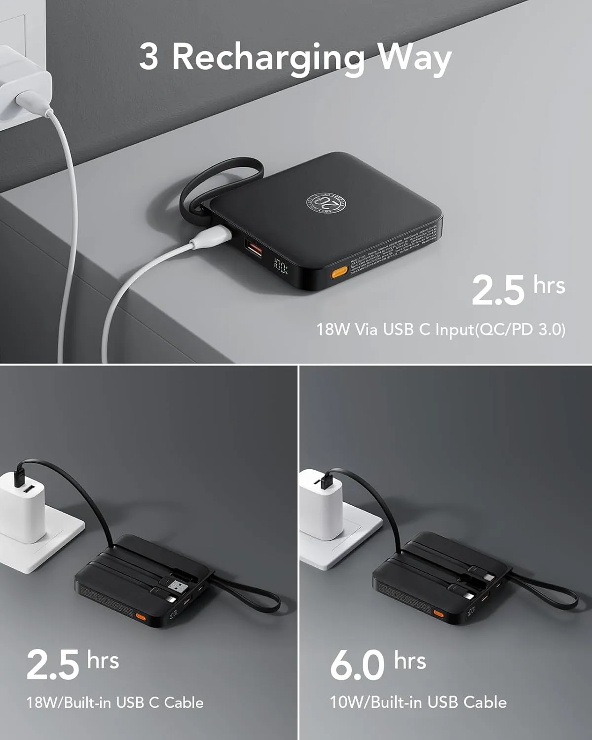 VRURC Portable Charger with Built-in Cable, 10000mAh 22.5W Fast Charging USB C Battery Pack, Cell Phone Power Bank for iPhone 16 15 14 Samsung Galaxy S24 S23 Series Android Tablet, Black(1 Pack)