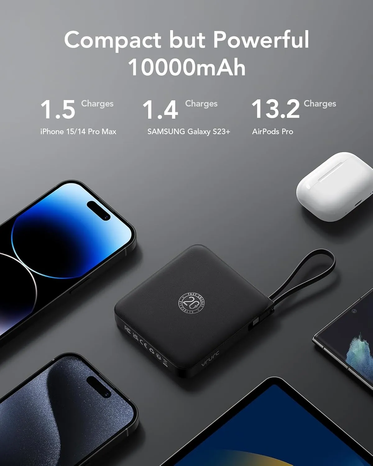 VRURC Portable Charger with Built-in Cable, 10000mAh 22.5W Fast Charging USB C Battery Pack, Cell Phone Power Bank for iPhone 16 15 14 Samsung Galaxy S24 S23 Series Android Tablet, Black(1 Pack)