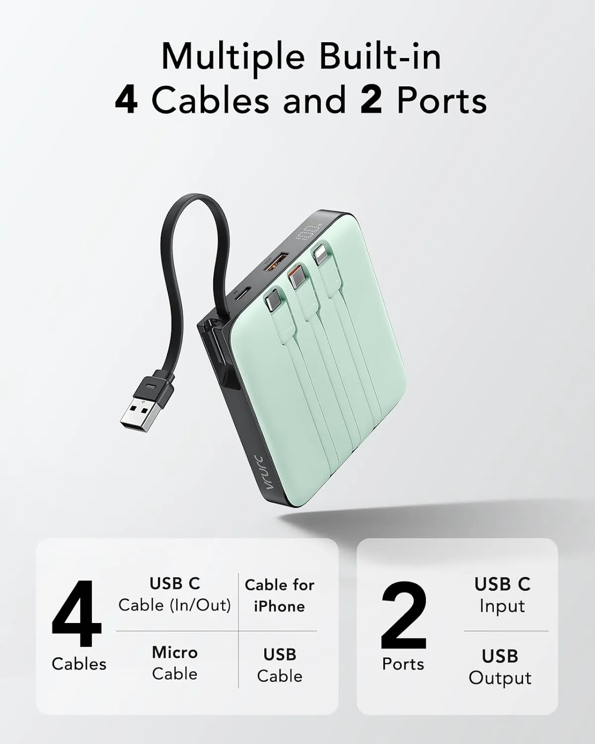 VRURC Portable Power Bank Built-in Cables, 20000mAh 22.5W Fast Charging USB C Battery Pack, Phone Charger Battery, for iPhone 16 15 14 13 12 11 Samsung Galaxy S23 S22, Green(1 Pack)