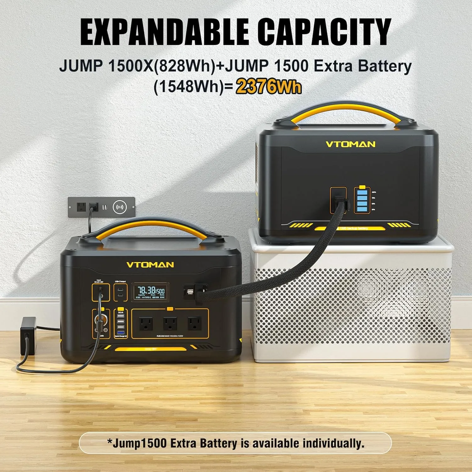 VTOMAN Jump 1500X Portable Power Station 1500W (3000W Peak), 828Wh LiFePO4 (LFP) Battery Powered Generator with Expandable Capacity, 3x Pure Sine Wave 1500W AC Outlets, 2xPD 100W, 3x Regulated 12V DC