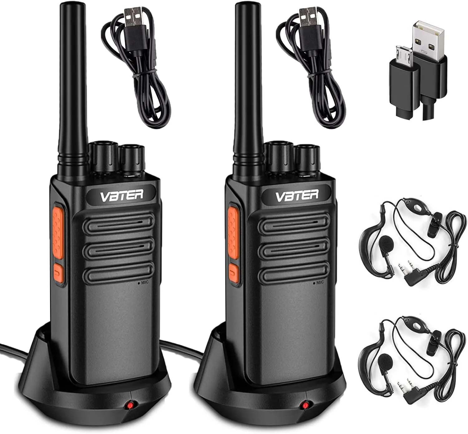 Walkie Talkies Rechargeable with Earpieces Mic, Two-Way Radios Long Range USB Cable Charging 14 Channel Handheld Transceiver Walky Talky（2 Pack）