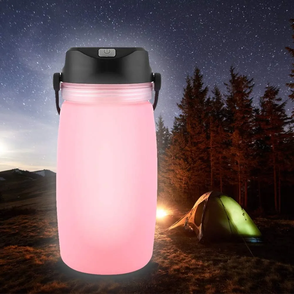 Water Bottle, Reusable Water Bottle with USB Cable 600ml Portable Outdoor Solar Water Bottle Hiking Luminous Cup for Solar Power Charger, A Power Bank and LED Lamp (Pink)