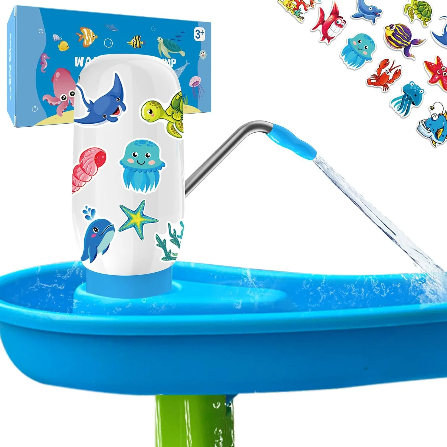 Water Table Pump, Water Pump for Water Table, Dual Motor Double Continuous Water Output, Toddler Water Table Accessories with Waterproof Decorative Stickers, Summer Outdoor Toys for Boys Girls