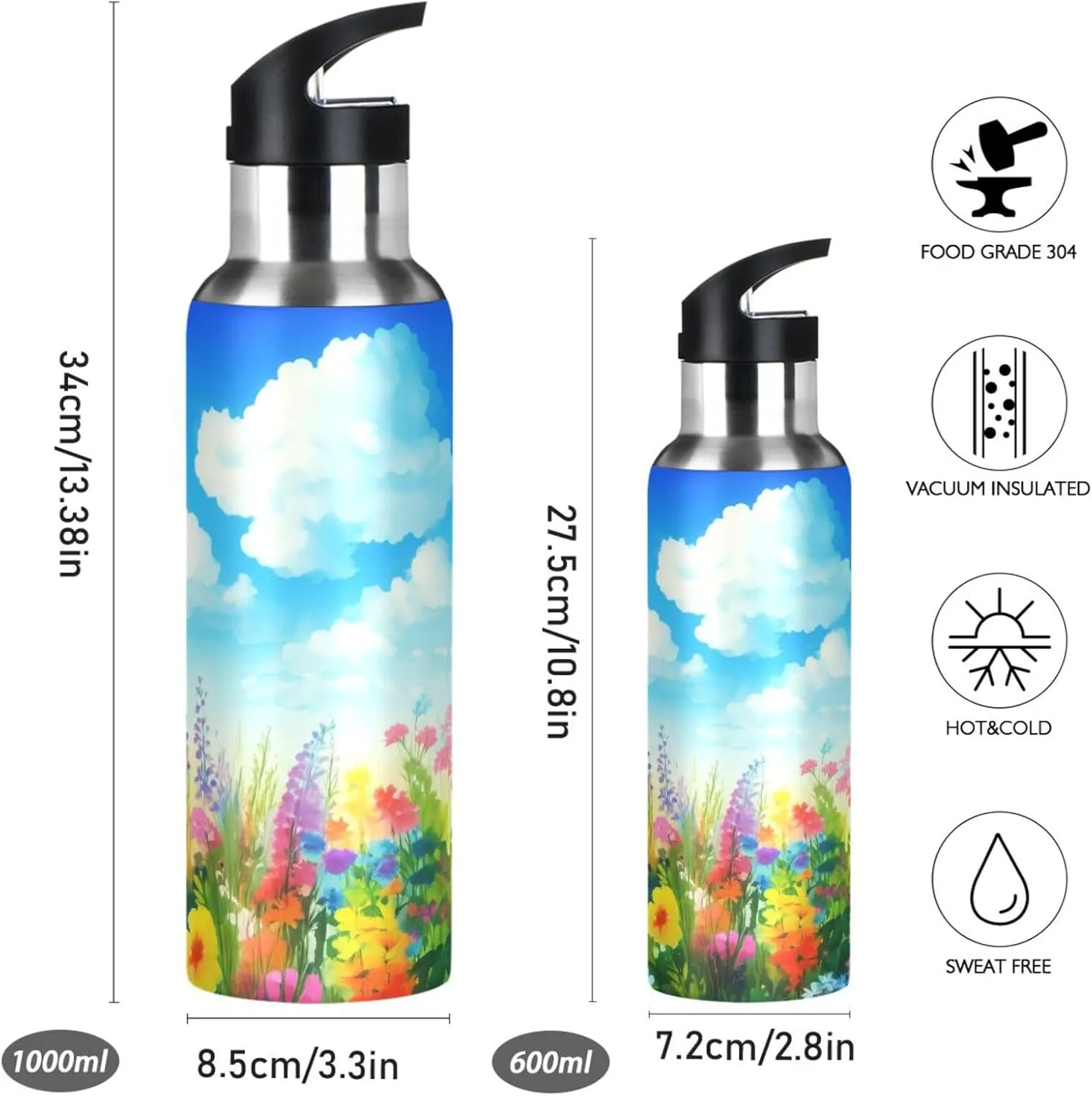 Watercolor Flower Field Sports Water Bottle with Straw, 22oz BPA Free Stainless Steel Vacuum Insulated Bottle for Gym Fitness Outdoor