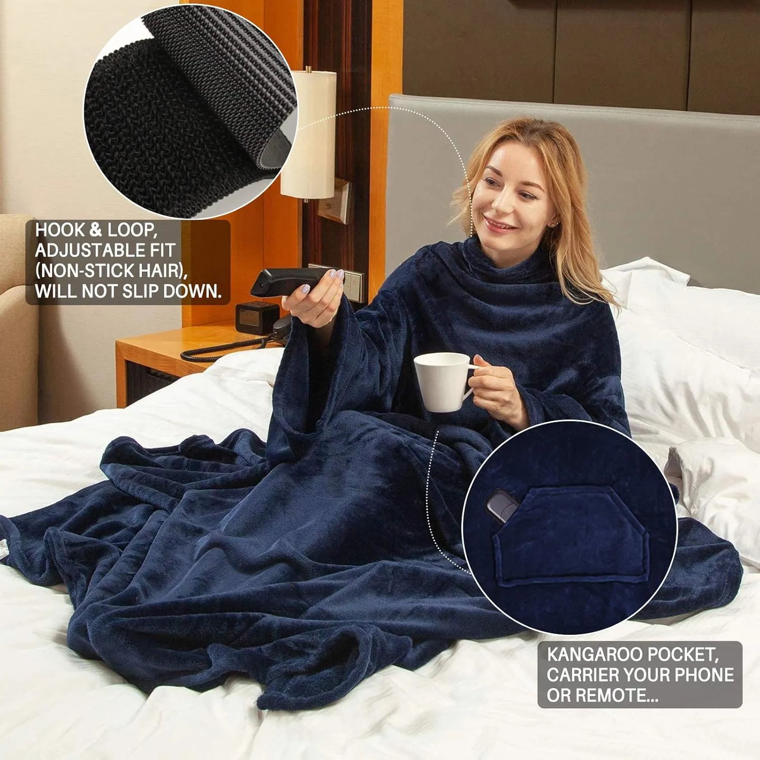 Wearable Fleece Blanket with Sleeves & Foot Pocket for Adult Women Men,Lightweight Soft Plush TV Blanket Wrap Throw with Sleeves and Adjustable Hook & Loop 79" x 67" Navy (Kangaroo Pocket)