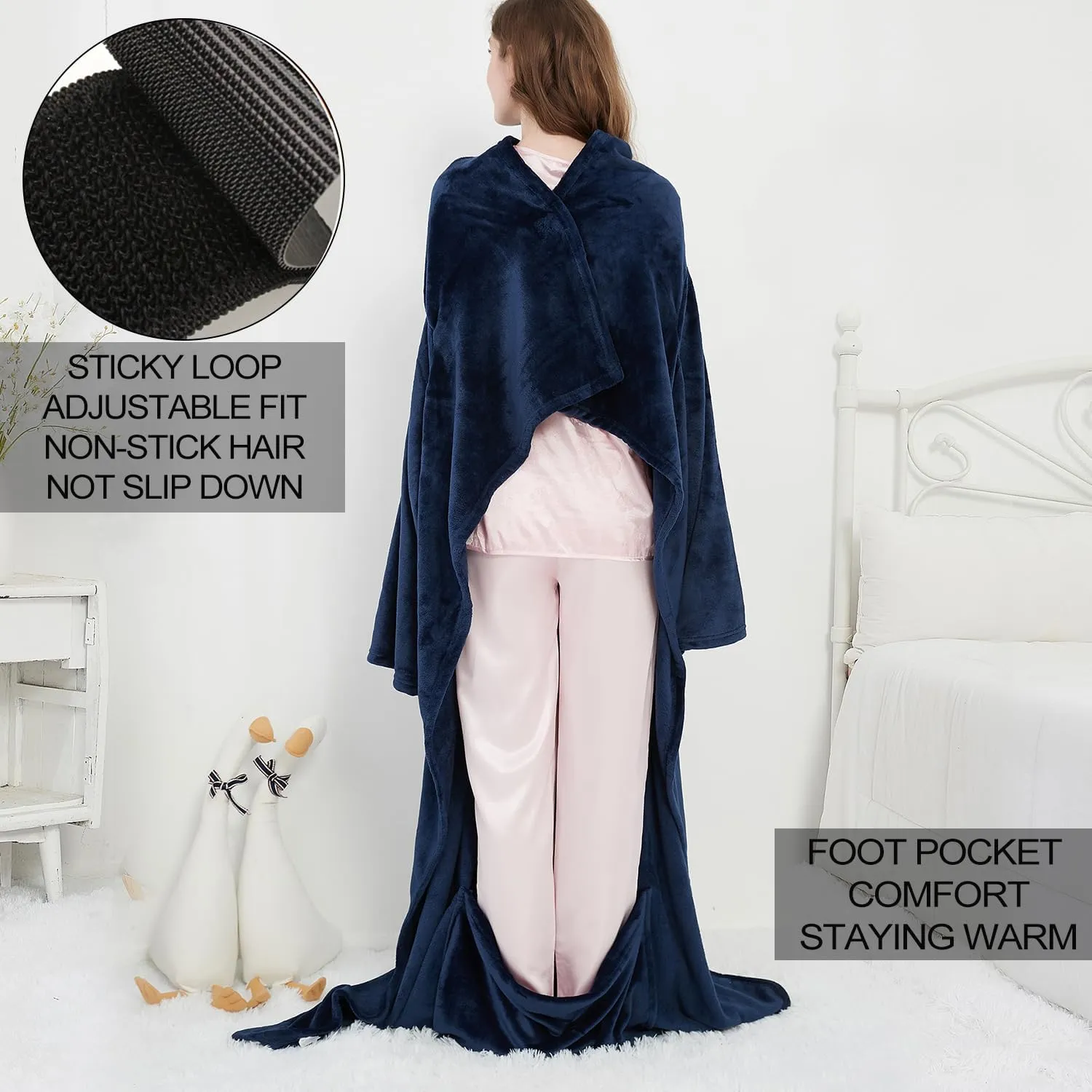 Wearable Fleece Blanket with Sleeves & Foot Pocket for Adult Women Men,Lightweight Soft Plush TV Blanket Wrap Throw with Sleeves and Adjustable Hook & Loop 79" x 67" Navy (Kangaroo Pocket)