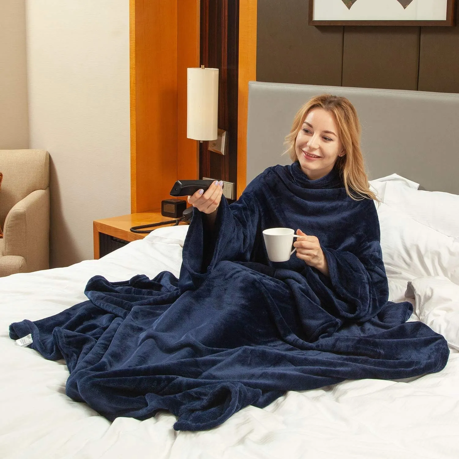 Wearable Fleece Blanket with Sleeves & Foot Pocket for Adult Women Men,Lightweight Soft Plush TV Blanket Wrap Throw with Sleeves and Adjustable Hook & Loop 79" x 67" Navy (Kangaroo Pocket)