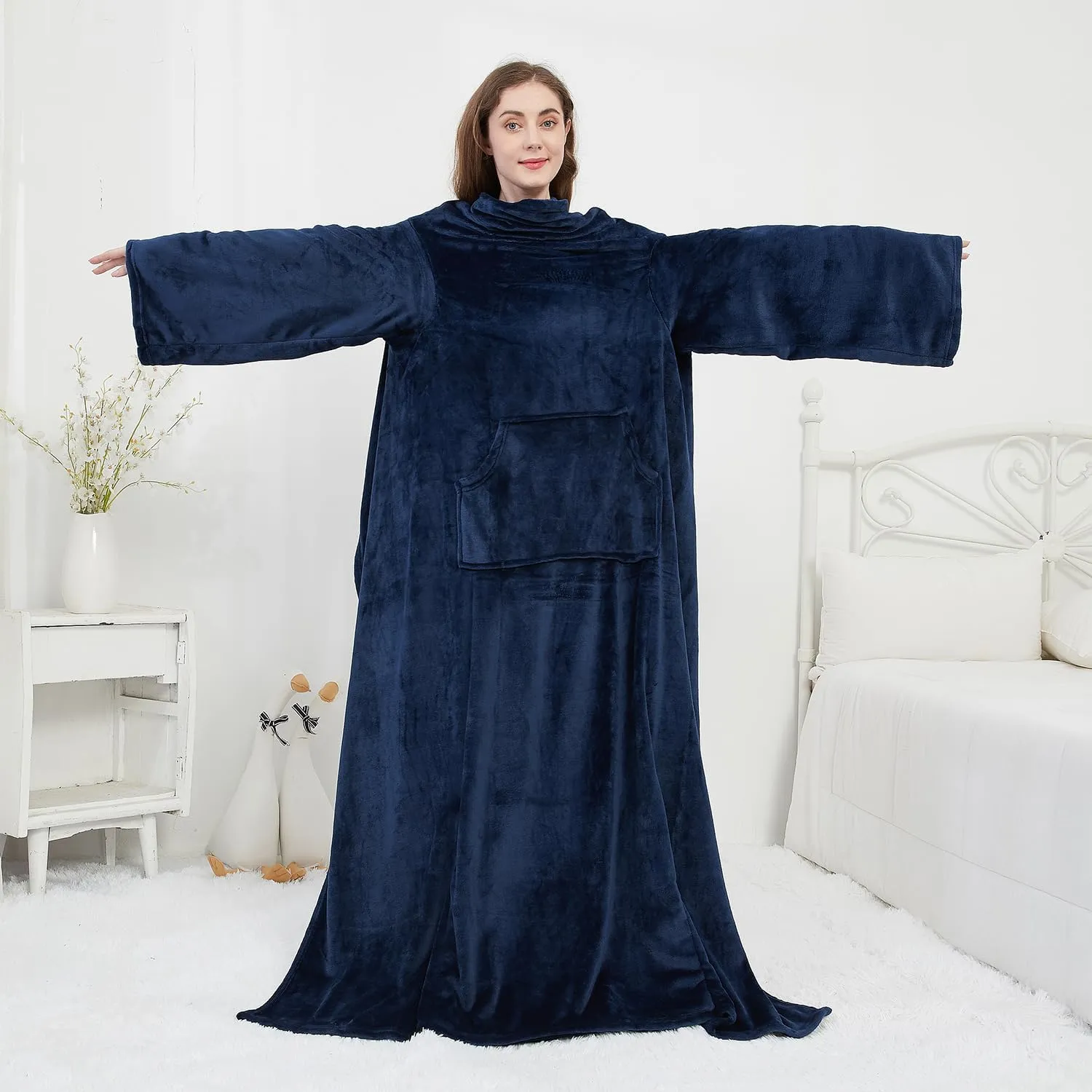 Wearable Fleece Blanket with Sleeves & Foot Pocket for Adult Women Men,Lightweight Soft Plush TV Blanket Wrap Throw with Sleeves and Adjustable Hook & Loop 79" x 67" Navy (Kangaroo Pocket)