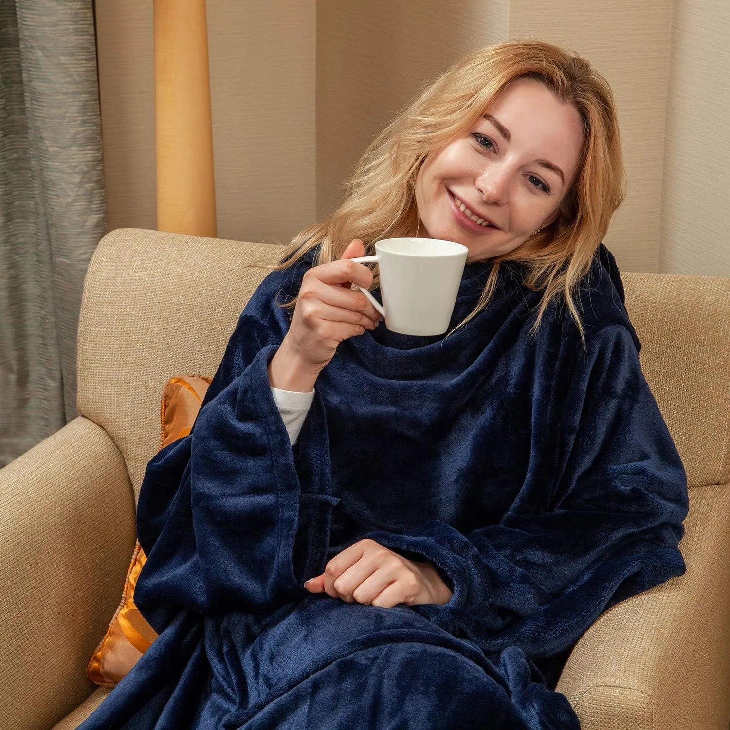 Wearable Fleece Blanket with Sleeves & Foot Pocket for Adult Women Men,Lightweight Soft Plush TV Blanket Wrap Throw with Sleeves and Adjustable Hook & Loop 79" x 67" Navy (Kangaroo Pocket)