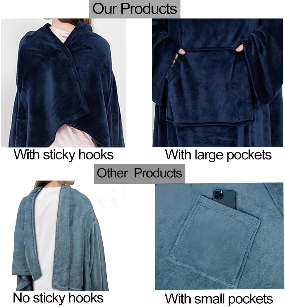 Wearable Fleece Blanket with Sleeves & Foot Pocket for Adult Women Men,Lightweight Soft Plush TV Blanket Wrap Throw with Sleeves and Adjustable Hook & Loop 79" x 67" Navy (Kangaroo Pocket)