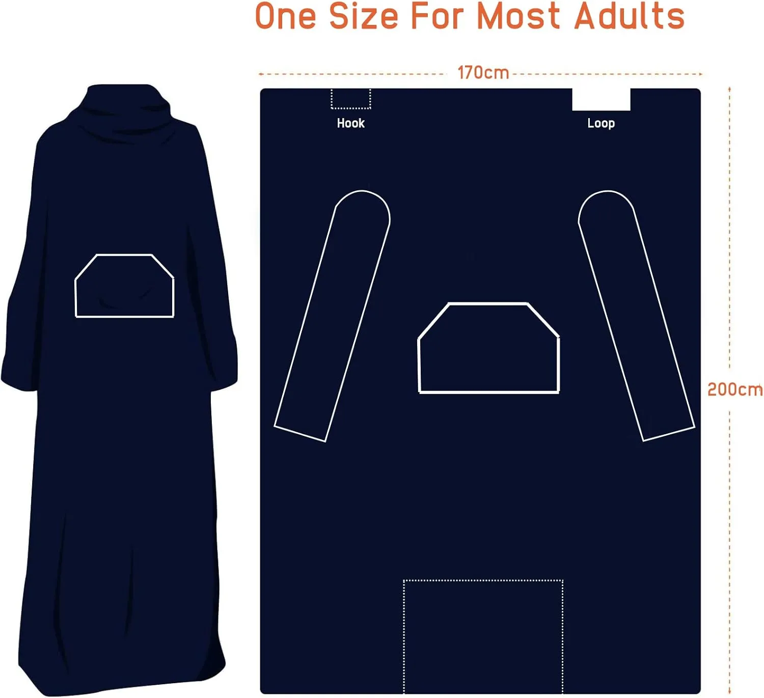 Wearable Fleece Blanket with Sleeves & Foot Pocket for Adult Women Men,Lightweight Soft Plush TV Blanket Wrap Throw with Sleeves and Adjustable Hook & Loop 79" x 67" Navy (Kangaroo Pocket)