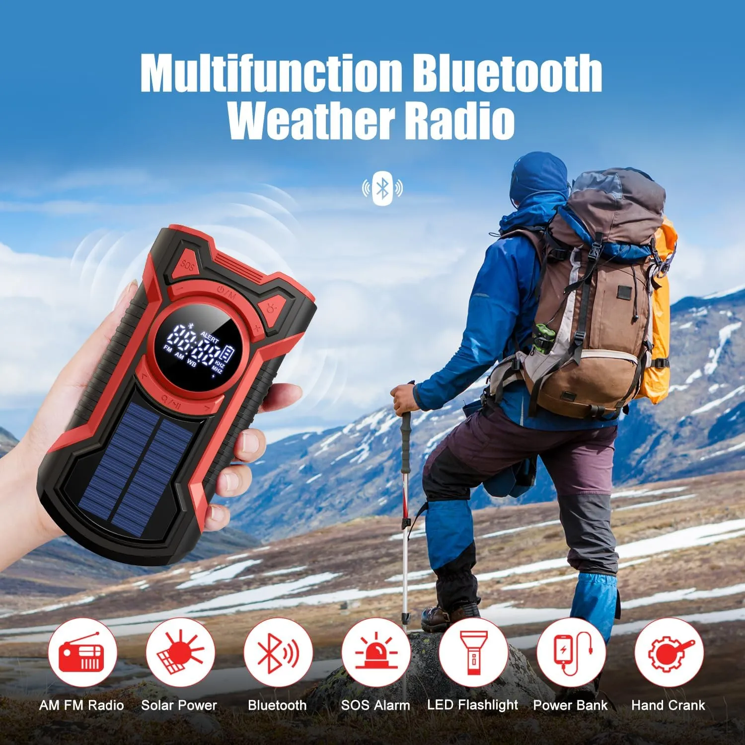 Weather Radio Solar Hand Crank Emergency Kit, AM/FM/NOAA Portable Emergency preparedness with Flashlight, Reading Lamp, Cell Phone Charger and SOS Alarm…… (Red)