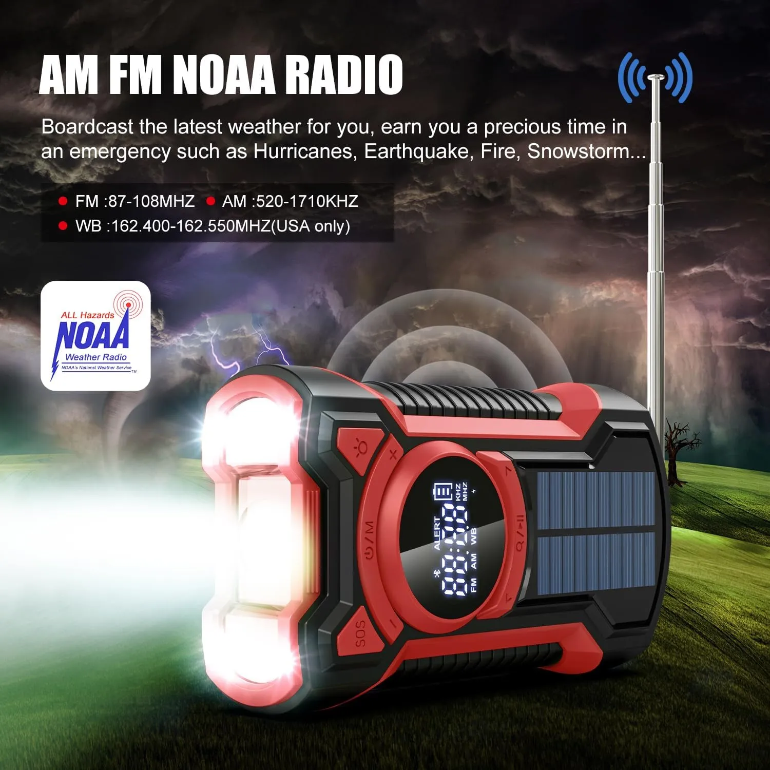 Weather Radio Solar Hand Crank Emergency Kit, AM/FM/NOAA Portable Emergency preparedness with Flashlight, Reading Lamp, Cell Phone Charger and SOS Alarm…… (Red)