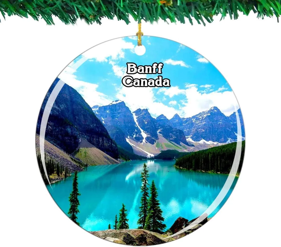 Weekino Canada Lake Minnewanka Banff Christmas Ornament City Travel Souvenir Collection Double Sided Porcelain 2.85 Inch Hanging Tree Decoration