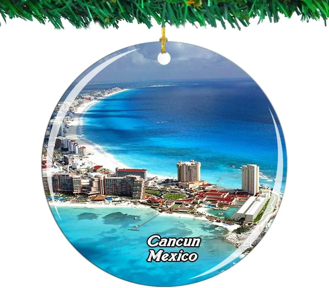 Weekino Mexico Cancun Christmas Ornament City Travel Souvenir Collection Double Sided Porcelain 2.85 Inch Hanging Tree Decoration