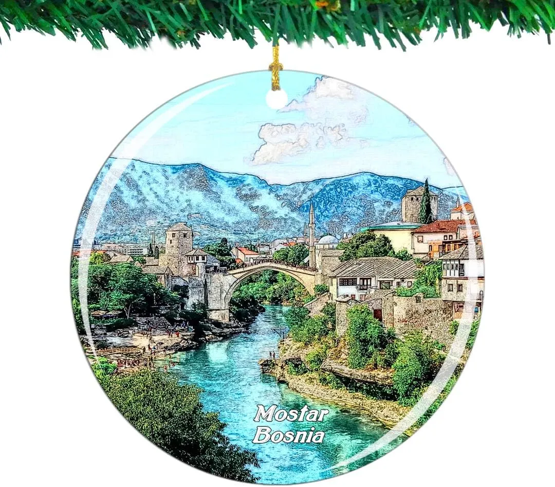 Weekino Old Bridge Mostar Bosnia Christmas Ornament City Travel Souvenir Collection Double Sided Porcelain 2.85 Inch Hanging Tree Decoration