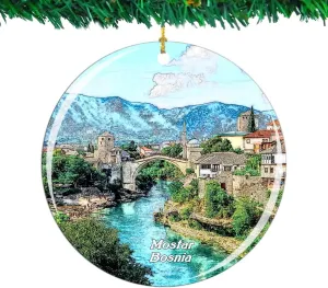 Weekino Old Bridge Mostar Bosnia Christmas Ornament City Travel Souvenir Collection Double Sided Porcelain 2.85 Inch Hanging Tree Decoration
