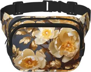 White Gold Peony Fitness travel shoulder bag, fashionable and casual waist bag, square double-layer waist bag