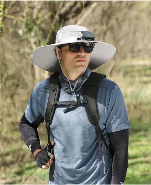 Wide Brim Solar Fan Hat Outdoor Fishing Sun Hats for Men Women UPF 50  Solar & USB Charging Breathable Bucket Hat with 2 Fans