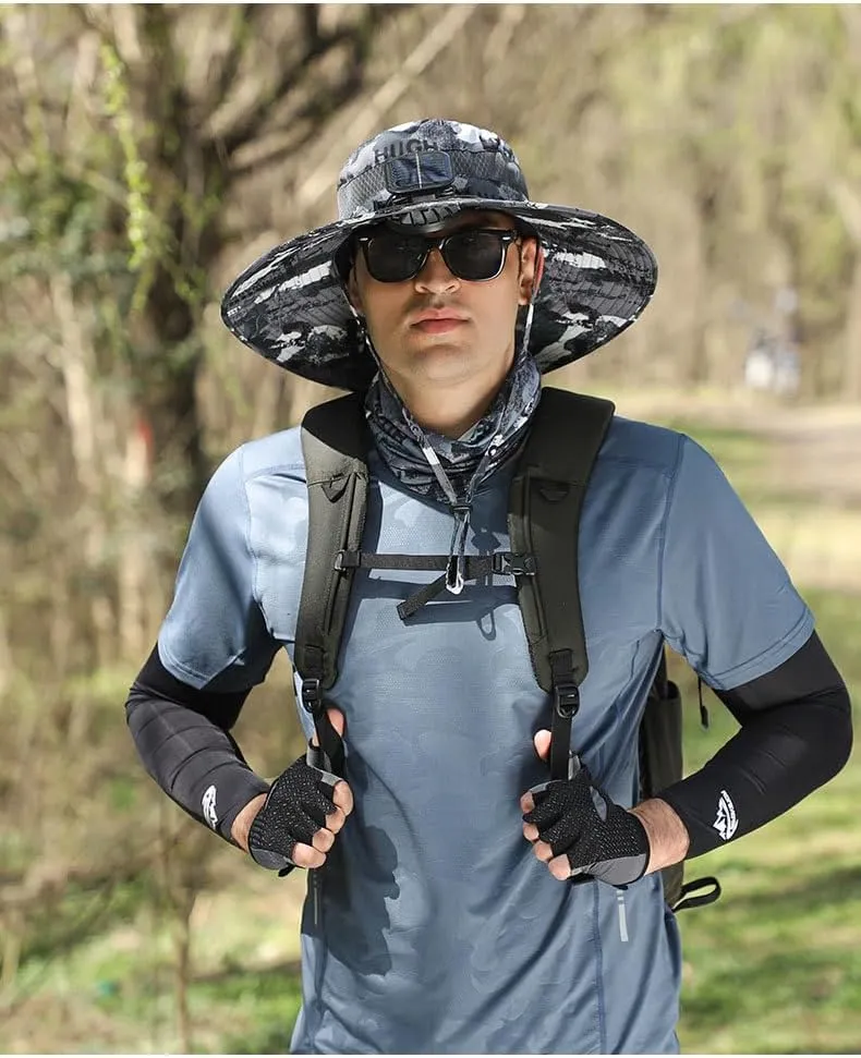 Wide Brim Solar Fan Hat Outdoor Fishing Sun Hats for Men Women UPF 50  Solar & USB Charging Breathable Bucket Hat with 2 Fans