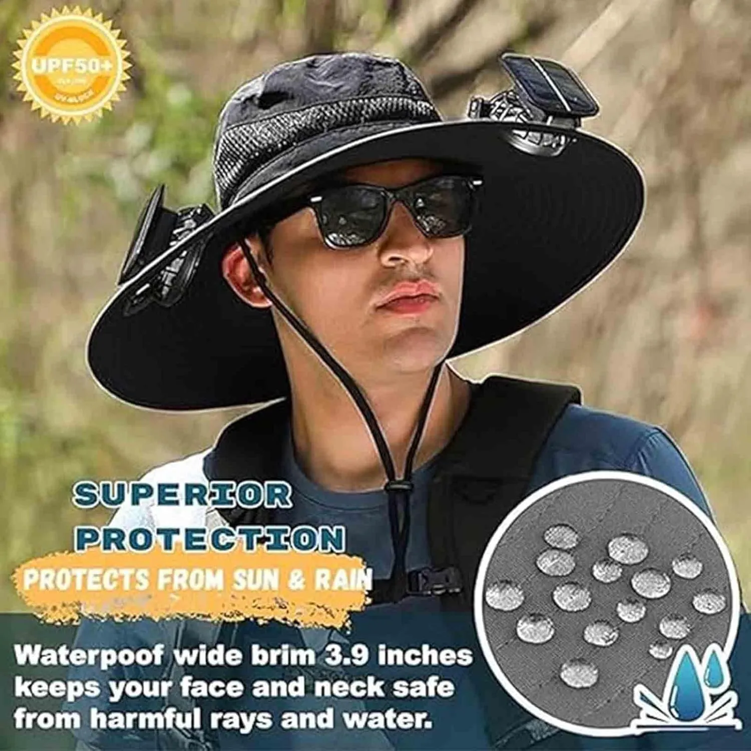 Wide Brim Solar Fan Hat Outdoor Wide Brim Sun Hat with 2 Solar Fan for Men Women UPF 50  Bucket Fishing