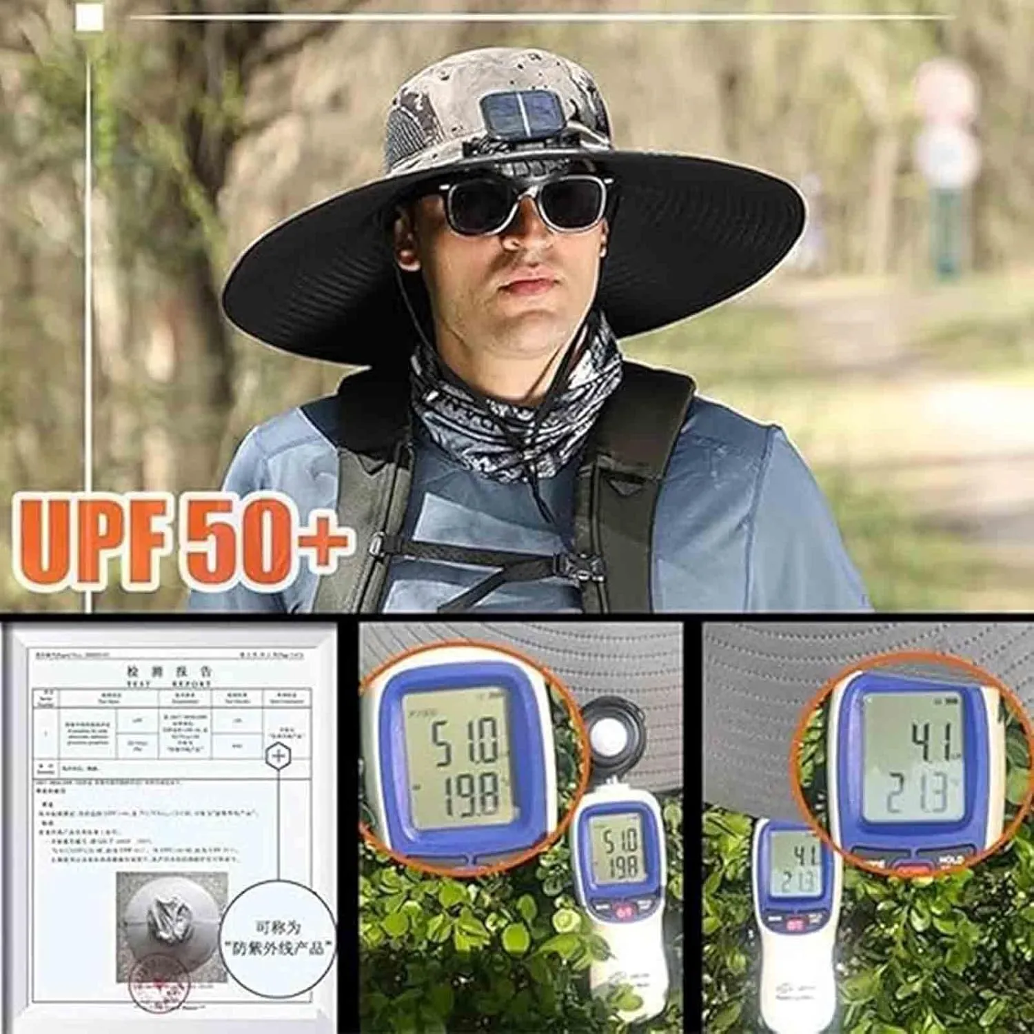 Wide Brim Solar Fan Hat Outdoor Wide Brim Sun Hat with 2 Solar Fan for Men Women UPF 50  Bucket Fishing