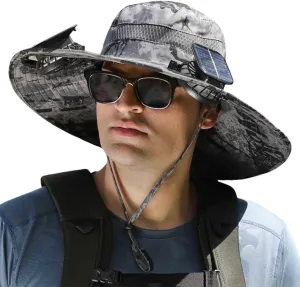 Wide Brim Solar Fan Hat Outdoor Wide Brim Sun Hat with 2 Solar Fan for Men Women UPF 50  Bucket Fishing