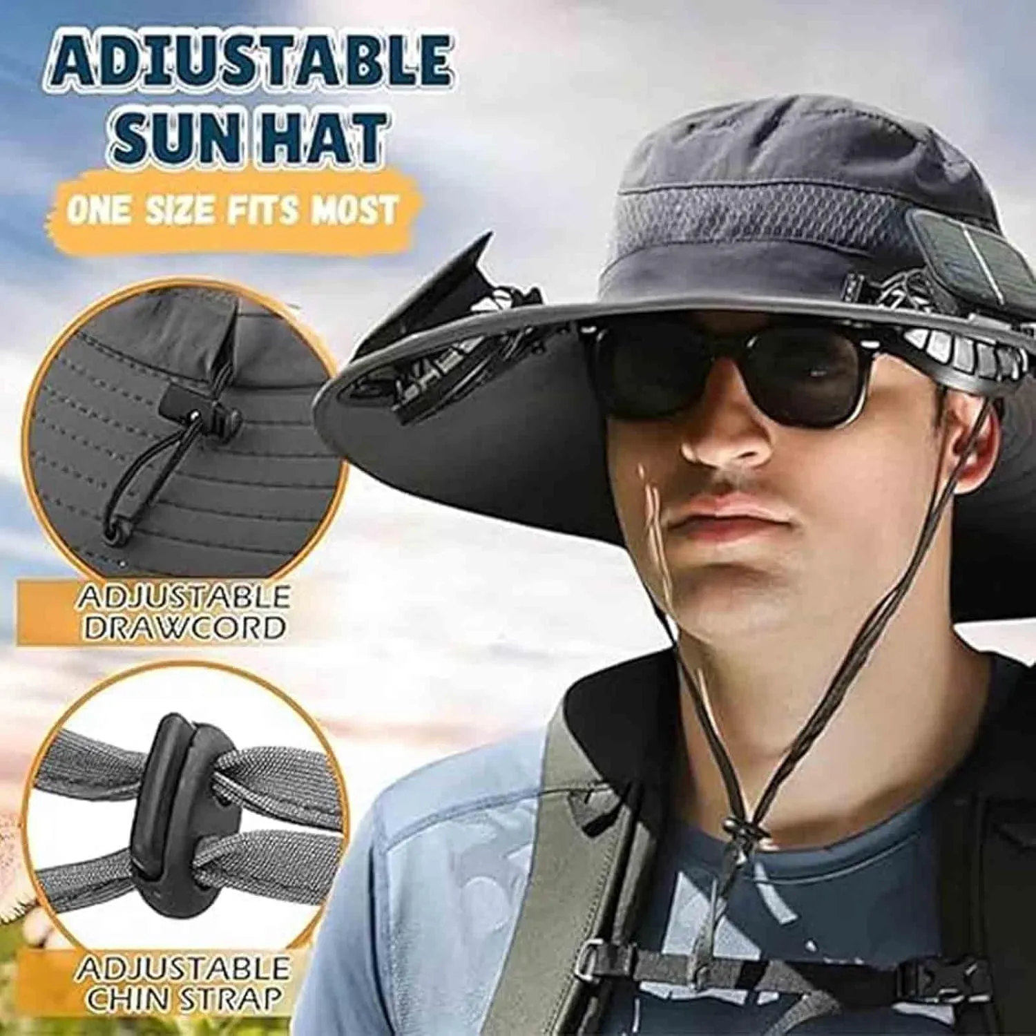 Wide Brim Solar Fan Hat Outdoor Wide Brim Sun Hat with 2 Solar Fan for Men Women UPF 50  Bucket Fishing