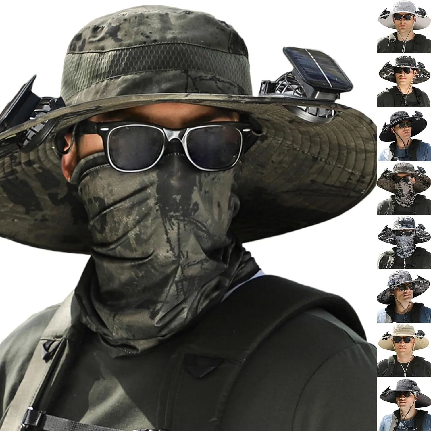 Wide Brim Solar Fan Hat, UPF 50  Bucket Hats with Solar Powered Fans for Fishing Hiking Beach Camping Outdoor