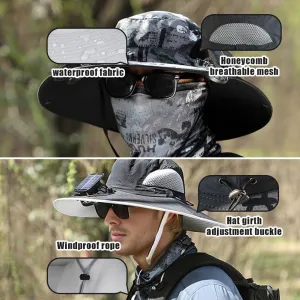 Wide Brim Solar Fan Outdoor Fishing Hat-Solar & USB Charging, Men Sunscreen Sun Hat with Fan, Summer Camping Hiking Cooling Hat UV Protection Upf50 