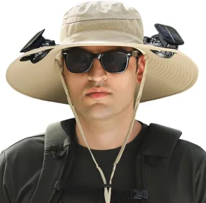 Wide Brim Solar Power Fan Hat, UPF 50  Bucket Hat with Solar Powered Fans for Outdoor Fishing Camping Hiking