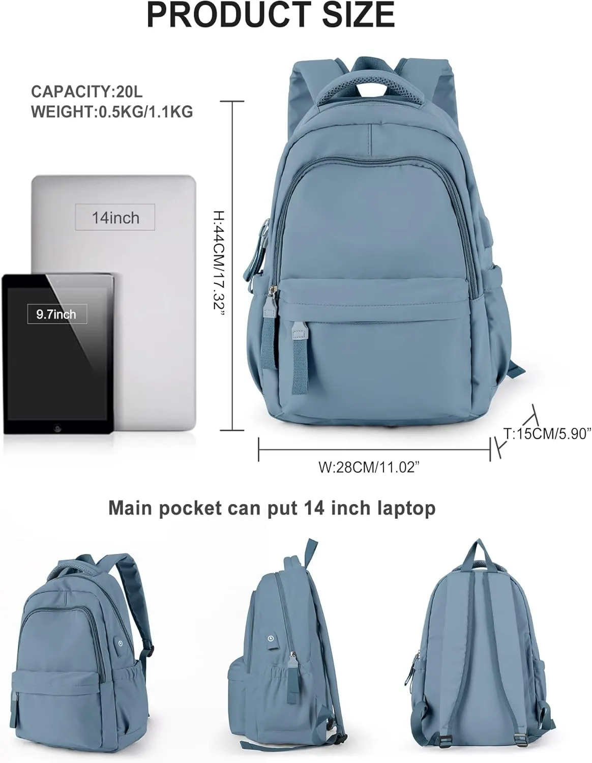 winspansy Small Backpack For School Girls Boys Aesthetic Lightweight Travel Daypack Simple Cute Backpack For Women Men College High School Bookbag Fit 14 Inch Laptop With USB charging port, Blue