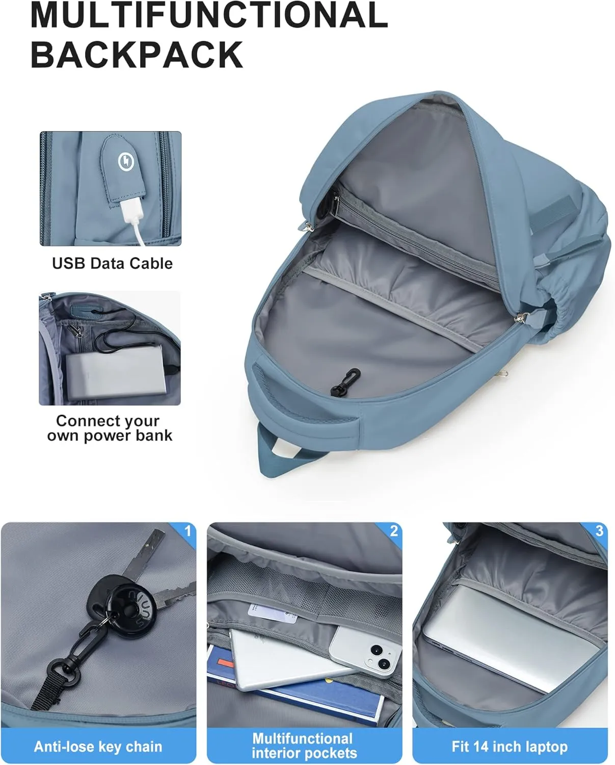 winspansy Small Backpack For School Girls Boys Aesthetic Lightweight Travel Daypack Simple Cute Backpack For Women Men College High School Bookbag Fit 14 Inch Laptop With USB charging port, Blue