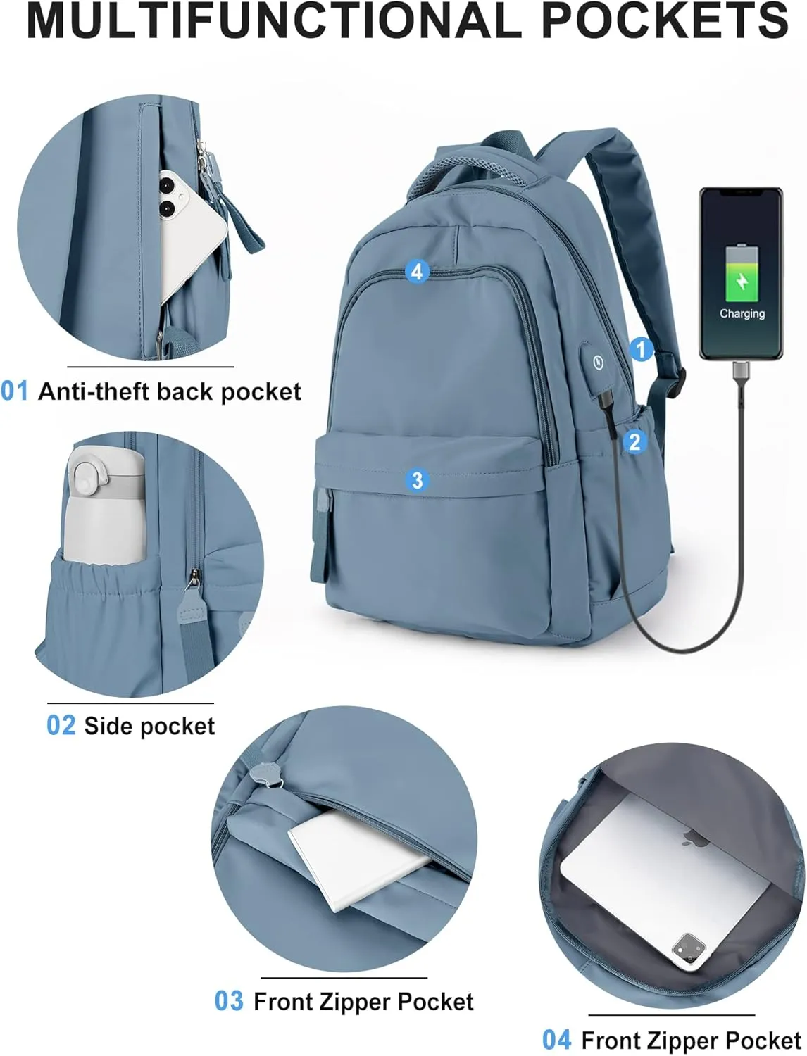 winspansy Small Backpack For School Girls Boys Aesthetic Lightweight Travel Daypack Simple Cute Backpack For Women Men College High School Bookbag Fit 14 Inch Laptop With USB charging port, Blue