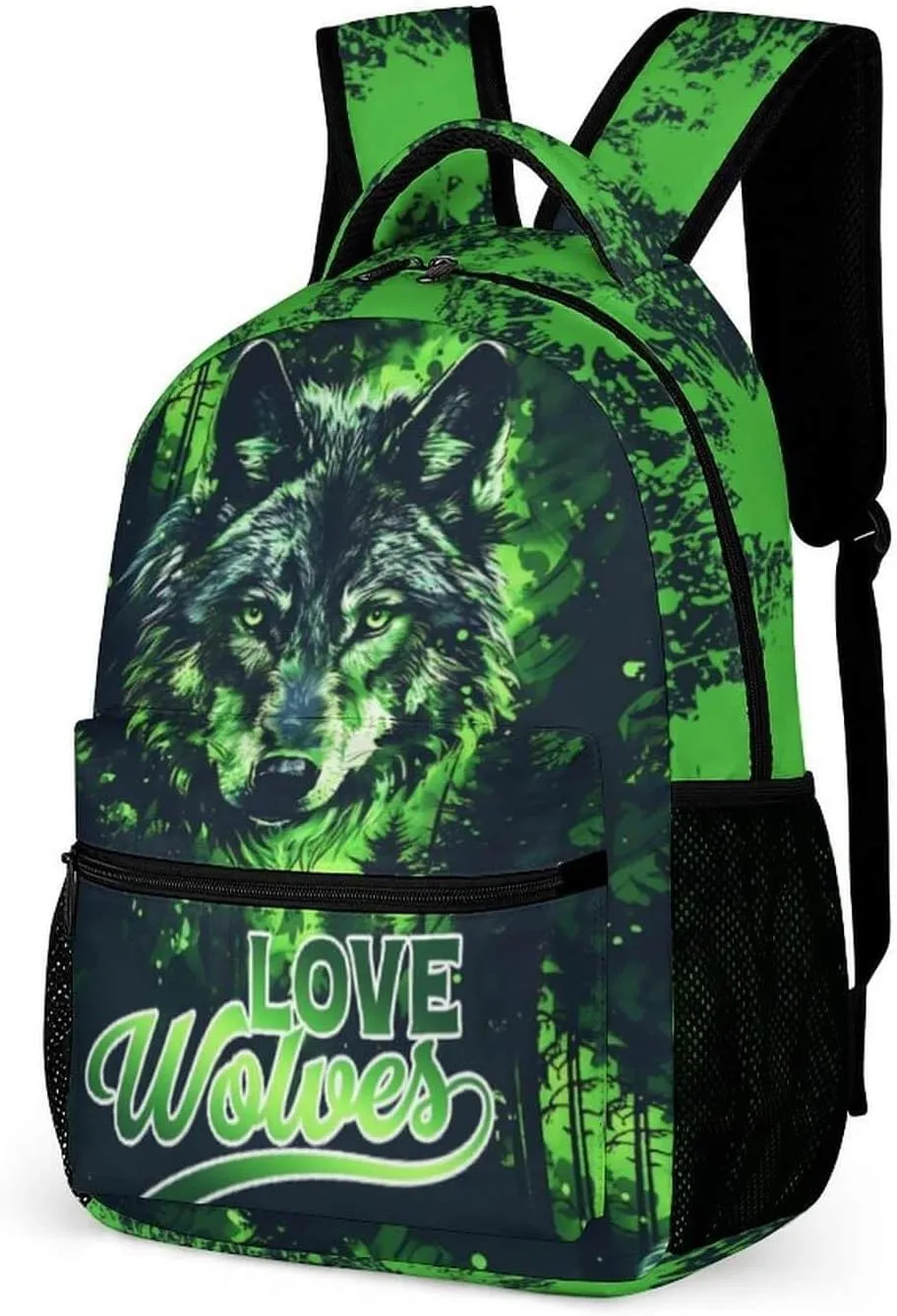 Wolf Backpack for Kids Girls Boys School, 16 Inches Cute Wolf Theme Bookbag, Adjustable, Lightweight, Large Capacity, Colorful Wolf Backpack for School