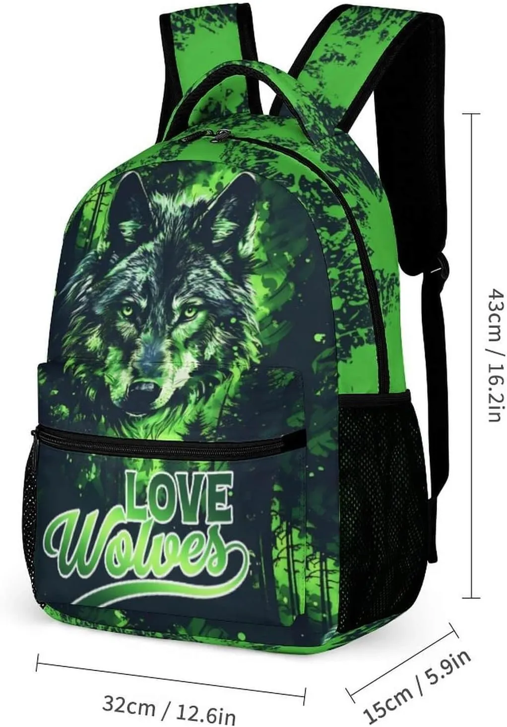 Wolf Backpack for Kids Girls Boys School, 16 Inches Cute Wolf Theme Bookbag, Adjustable, Lightweight, Large Capacity, Colorful Wolf Backpack for School