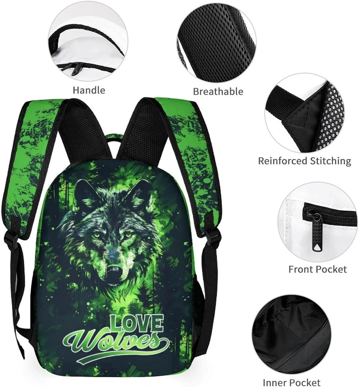 Wolf Backpack for Kids Girls Boys School, 16 Inches Cute Wolf Theme Bookbag, Adjustable, Lightweight, Large Capacity, Colorful Wolf Backpack for School