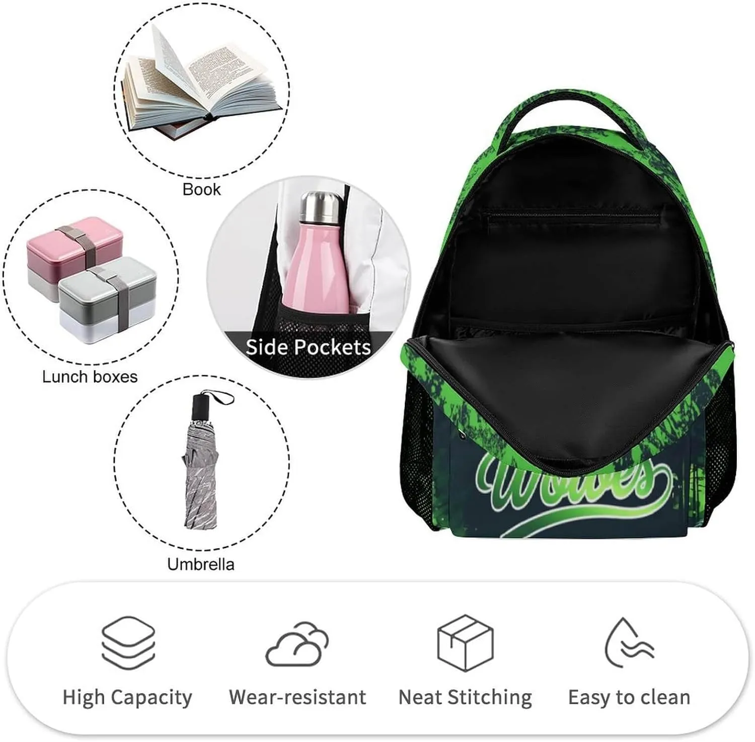 Wolf Backpack for Kids Girls Boys School, 16 Inches Cute Wolf Theme Bookbag, Adjustable, Lightweight, Large Capacity, Colorful Wolf Backpack for School