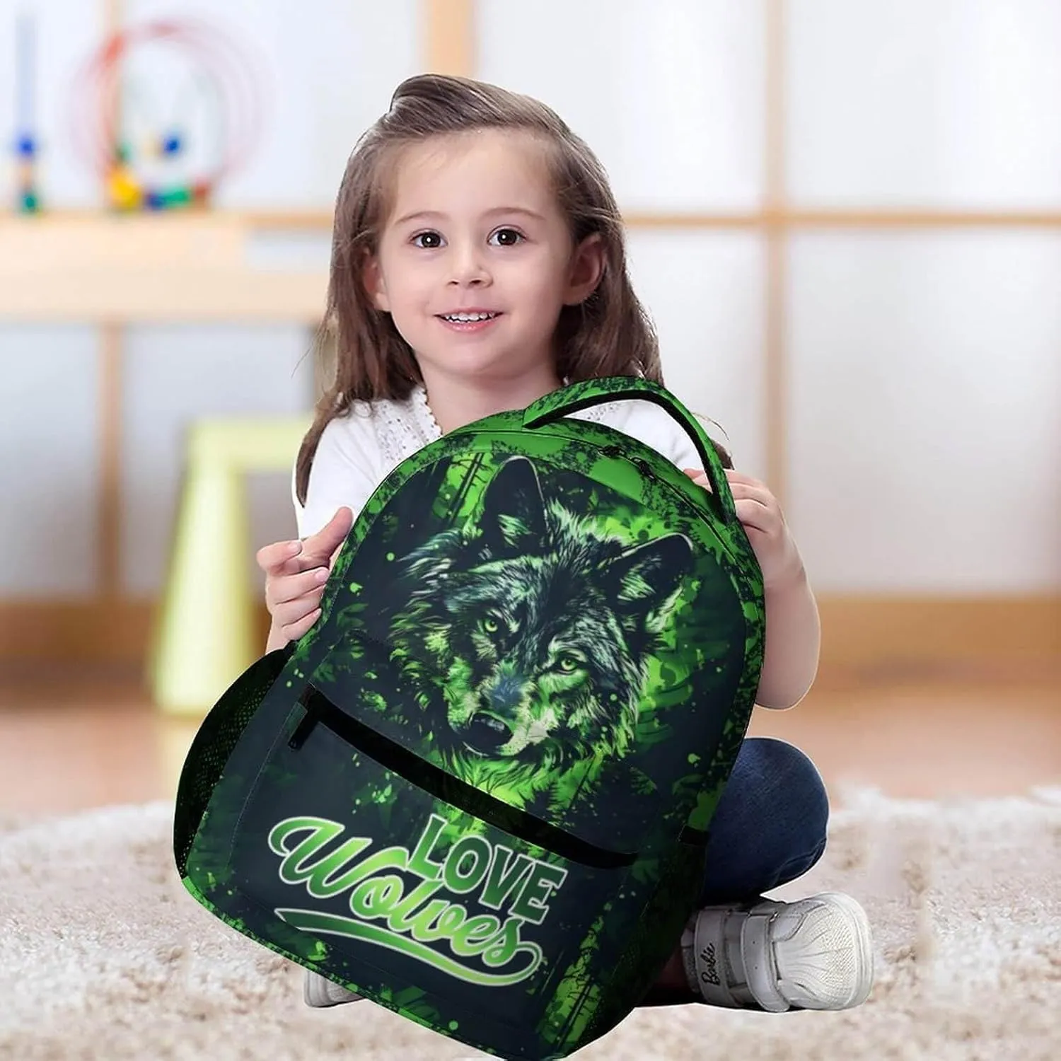 Wolf Backpack for Kids Girls Boys School, 16 Inches Cute Wolf Theme Bookbag, Adjustable, Lightweight, Large Capacity, Colorful Wolf Backpack for School