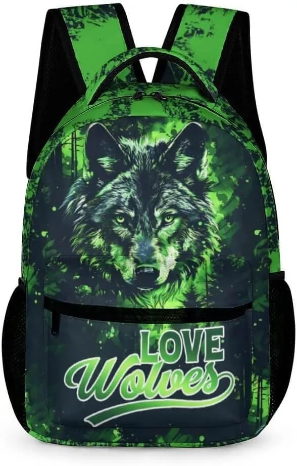 Wolf Backpack for Kids Girls Boys School, 16 Inches Cute Wolf Theme Bookbag, Adjustable, Lightweight, Large Capacity, Colorful Wolf Backpack for School
