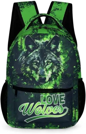 Wolf Backpack for Kids Girls Boys School, 16 Inches Cute Wolf Theme Bookbag, Adjustable, Lightweight, Large Capacity, Colorful Wolf Backpack for School