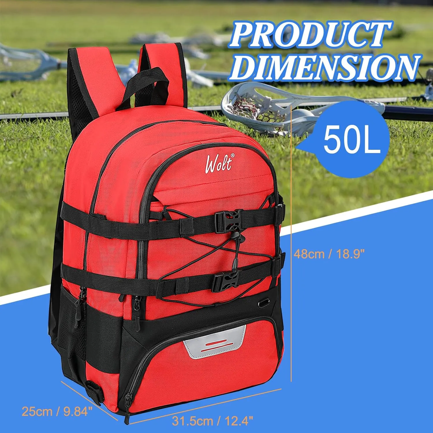 WOLT Lacrosse Bag-Lacrosse Backpack with Two Sticks Holder-Large Field Hockey Bag Holds All Sport Gears