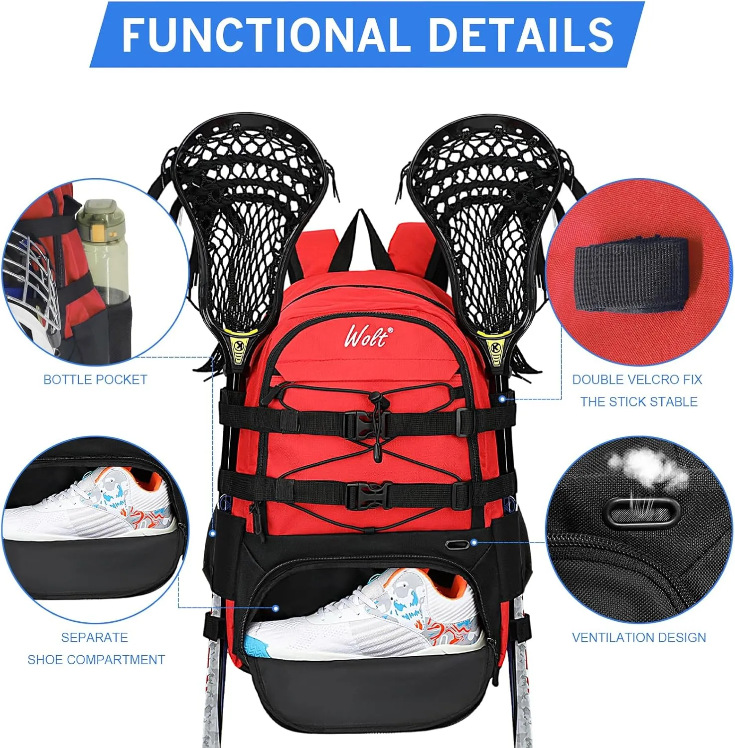 WOLT Lacrosse Bag-Lacrosse Backpack with Two Sticks Holder-Large Field Hockey Bag Holds All Sport Gears