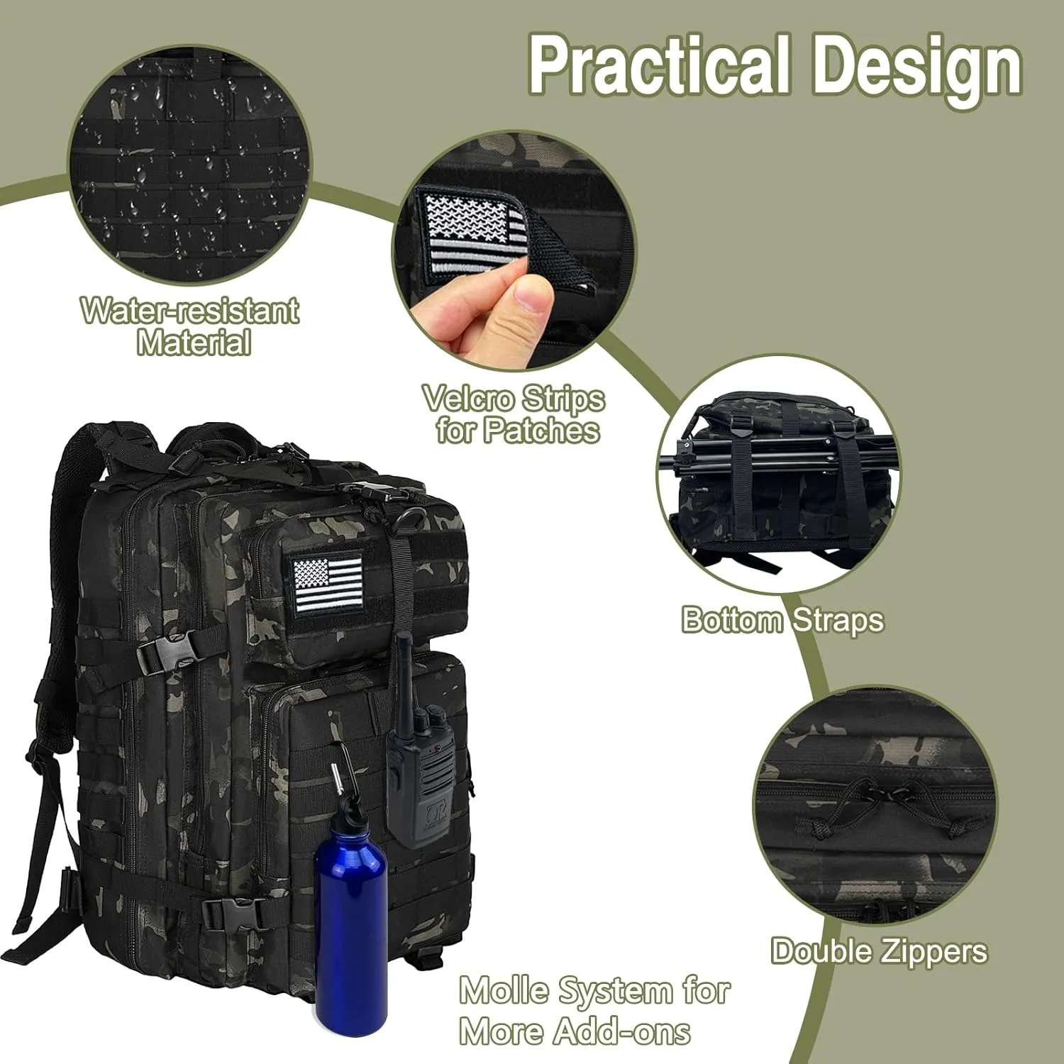 WOLT | Tactical Backpack for Men 45L Military Backpack Large 3 Day Assault Pack Molle Rucking Bag for Hiking Survival, Camouflage Black
