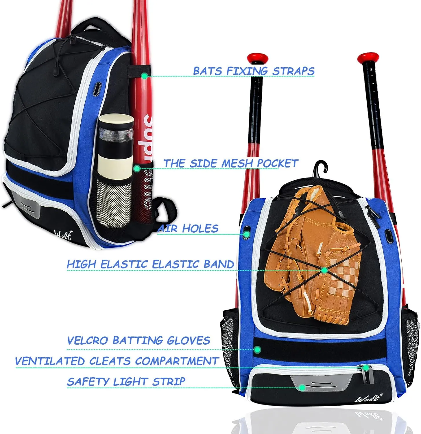 WOLT Youth Baseball Bag - Bat Backpack for Baseball, T-Ball & Softball Equipment & Gear, Bat & Glove Holder, Large Main Compartment for Helmet & accessories, Separate Shoes Compartment, Fence Hook