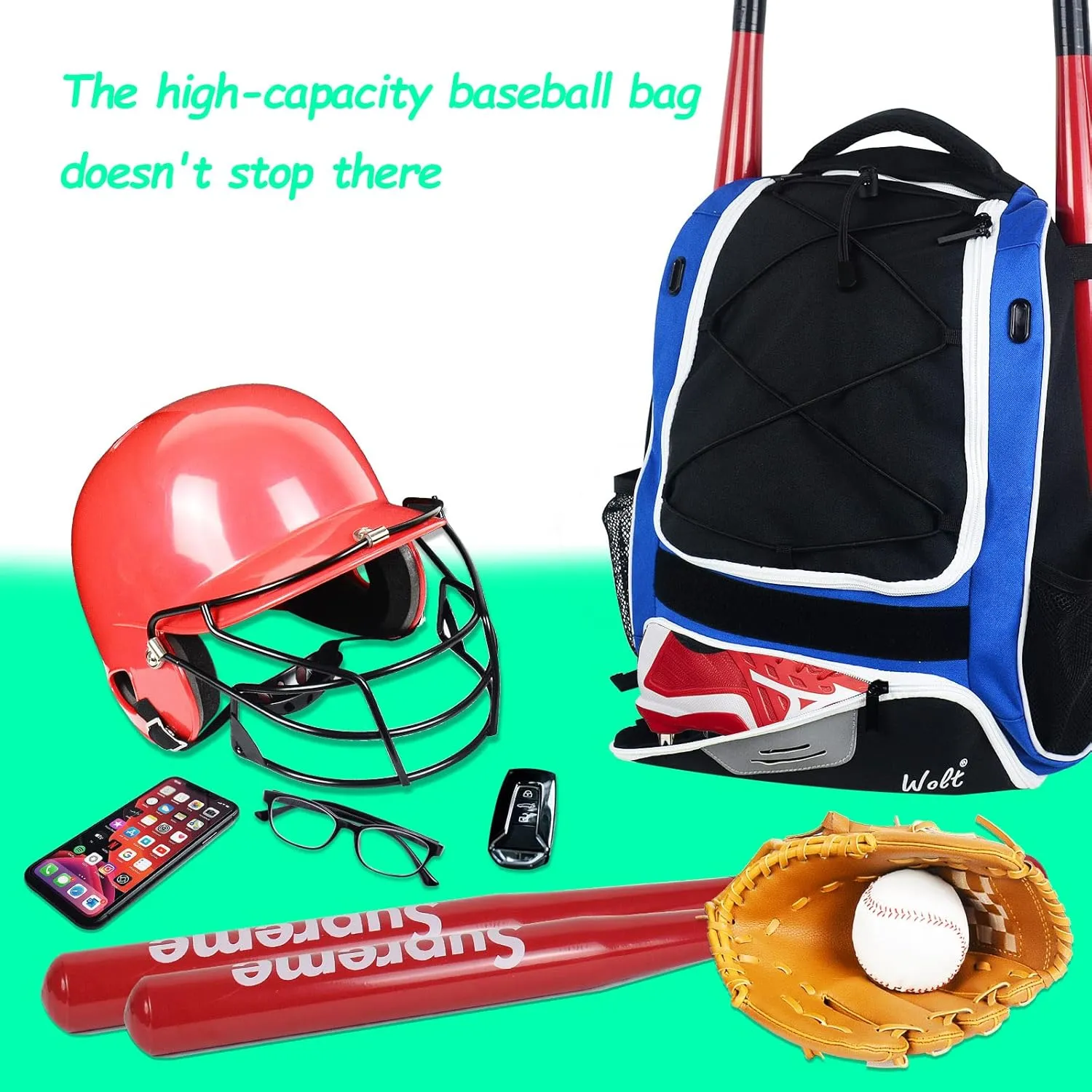 WOLT Youth Baseball Bag - Bat Backpack for Baseball, T-Ball & Softball Equipment & Gear, Bat & Glove Holder, Large Main Compartment for Helmet & accessories, Separate Shoes Compartment, Fence Hook