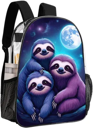 Women Men Transparent Full Moon Space Sloth Family Casual Daypack Large Capacity Bookbag With Side Pockets for Sports Picnic Walking Cycling