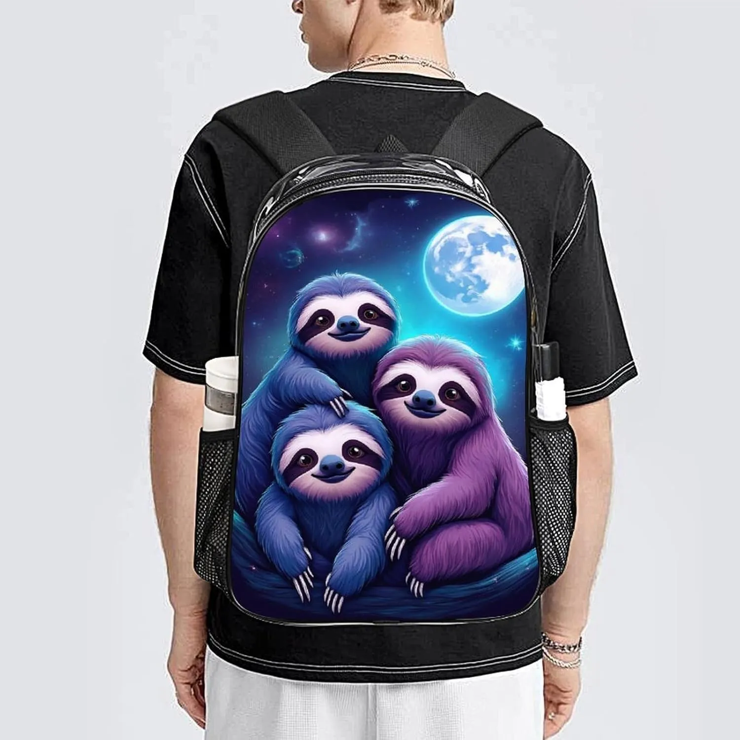Women Men Transparent Full Moon Space Sloth Family Casual Daypack Large Capacity Bookbag With Side Pockets for Sports Picnic Walking Cycling