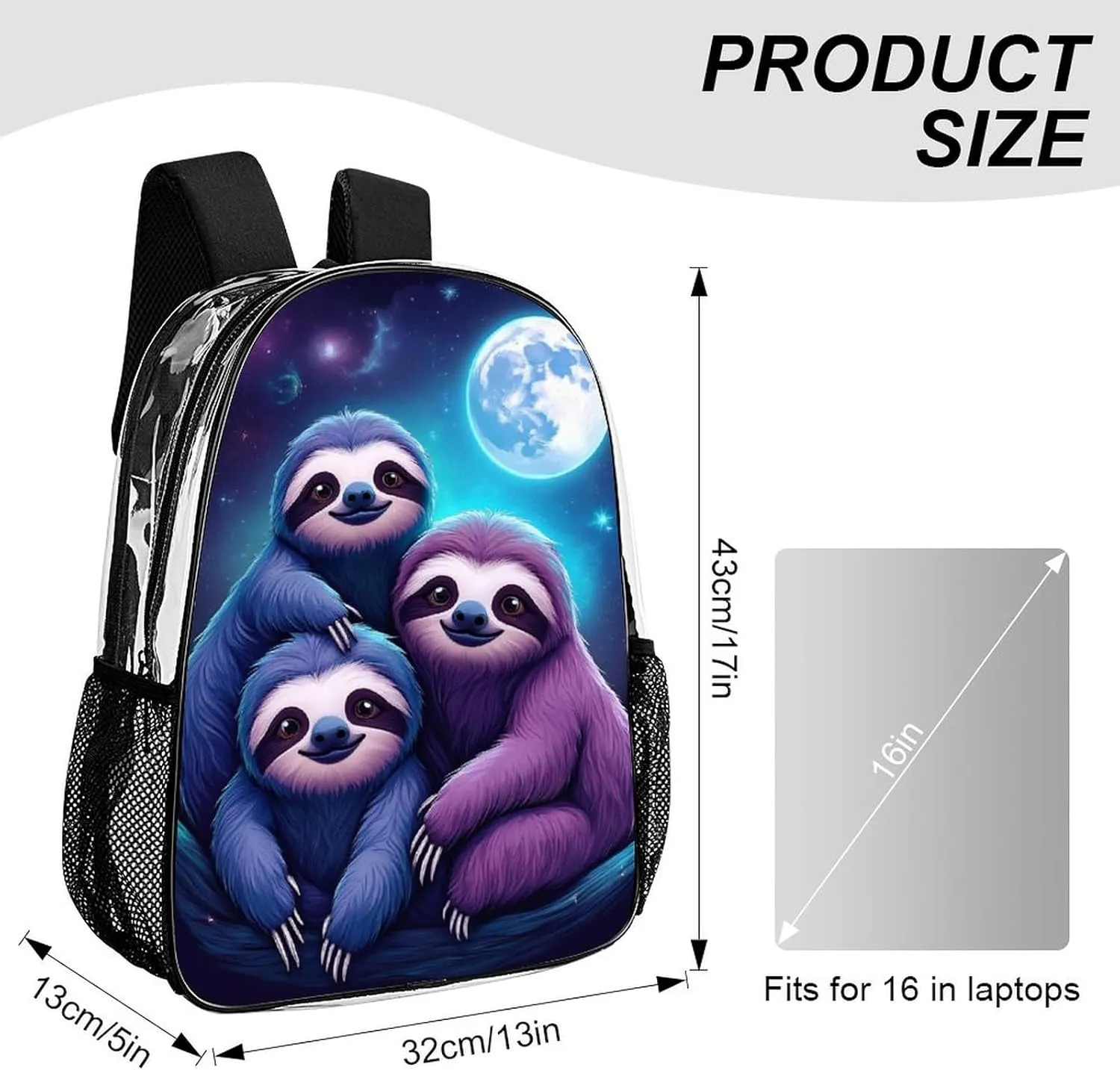 Women Men Transparent Full Moon Space Sloth Family Casual Daypack Large Capacity Bookbag With Side Pockets for Sports Picnic Walking Cycling