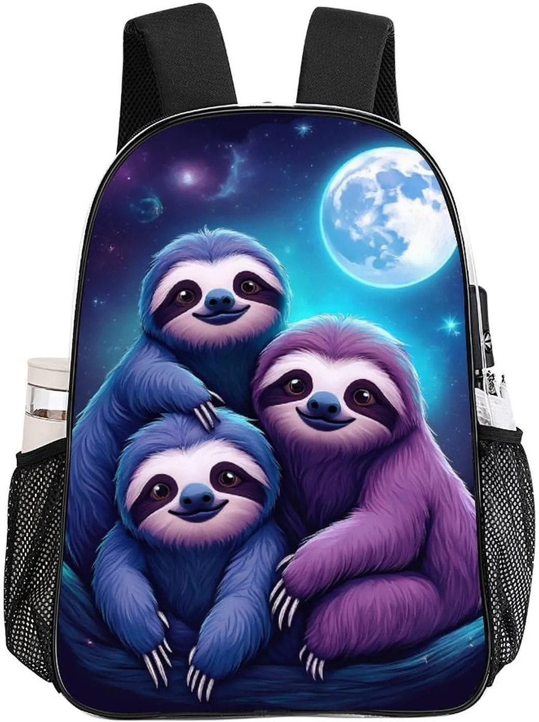 Women Men Transparent Full Moon Space Sloth Family Casual Daypack Large Capacity Bookbag With Side Pockets for Sports Picnic Walking Cycling